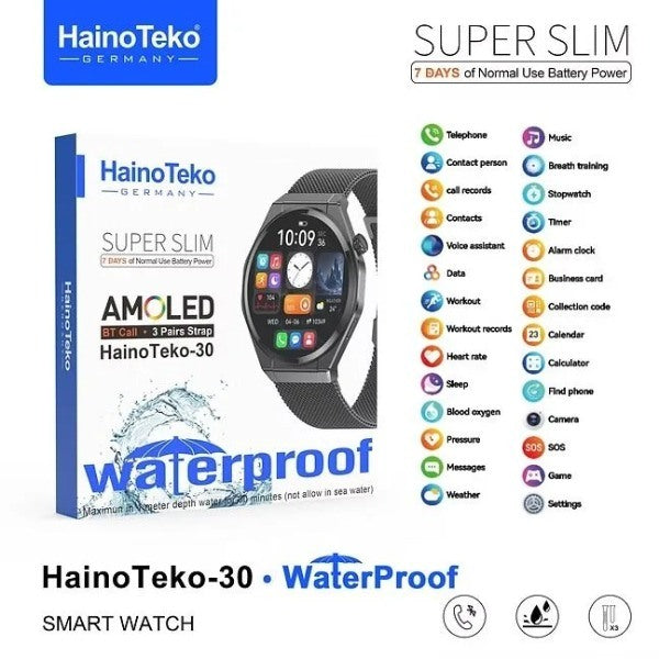 HainoTeko-30 Waterproof Smartwatch AMOLED 1.43” HD Fine – Bluetooth Calling avec Autonomie 7J et 3 Bracelets Inclus