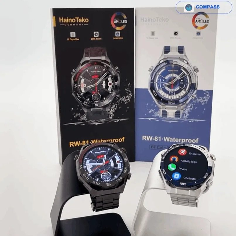 HainoTeko RW-81 Smartwatch AMOLED IPS 1.53” Waterproof – Bluetooth Calling, Lampe Torche et 3 Bracelets Inclus