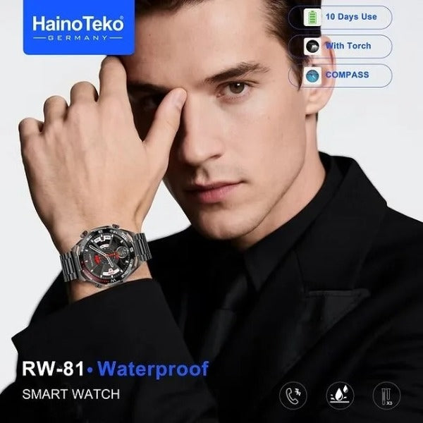 HainoTeko RW-81 Smartwatch AMOLED IPS 1.53” Waterproof – Bluetooth Calling, Lampe Torche et 3 Bracelets Inclus