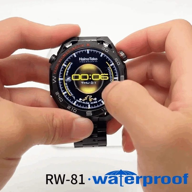 HainoTeko RW-81 Smartwatch AMOLED IPS 1.53” Waterproof – Bluetooth Calling, Lampe Torche et 3 Bracelets Inclus