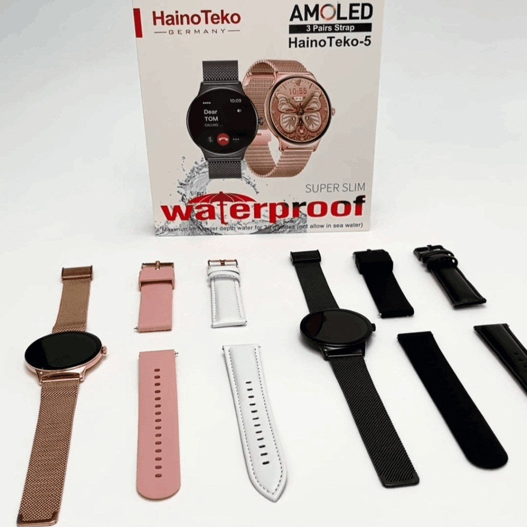 HainoTeko-5 Golden Edition Smartwatch AMOLED Femme –  Waterproof avec 3 Bracelets Inclus
