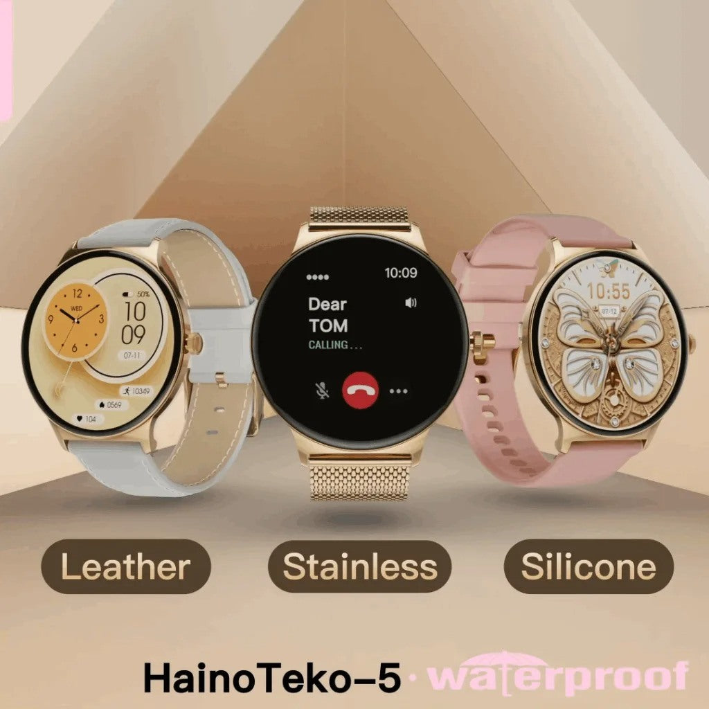 HainoTeko-5 Golden Edition Smartwatch AMOLED Femme –  Waterproof avec 3 Bracelets Inclus