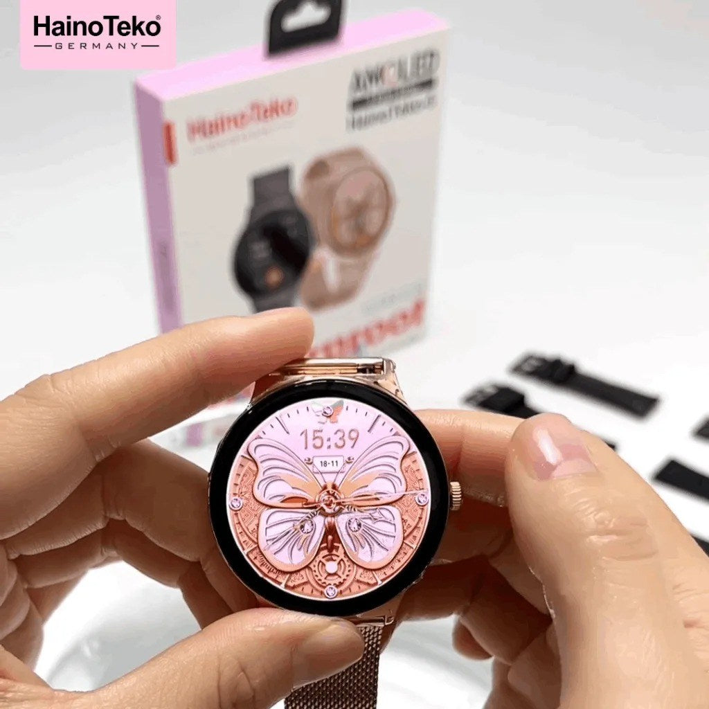 HainoTeko-5 Golden Edition Smartwatch AMOLED Femme –  Waterproof avec 3 Bracelets Inclus