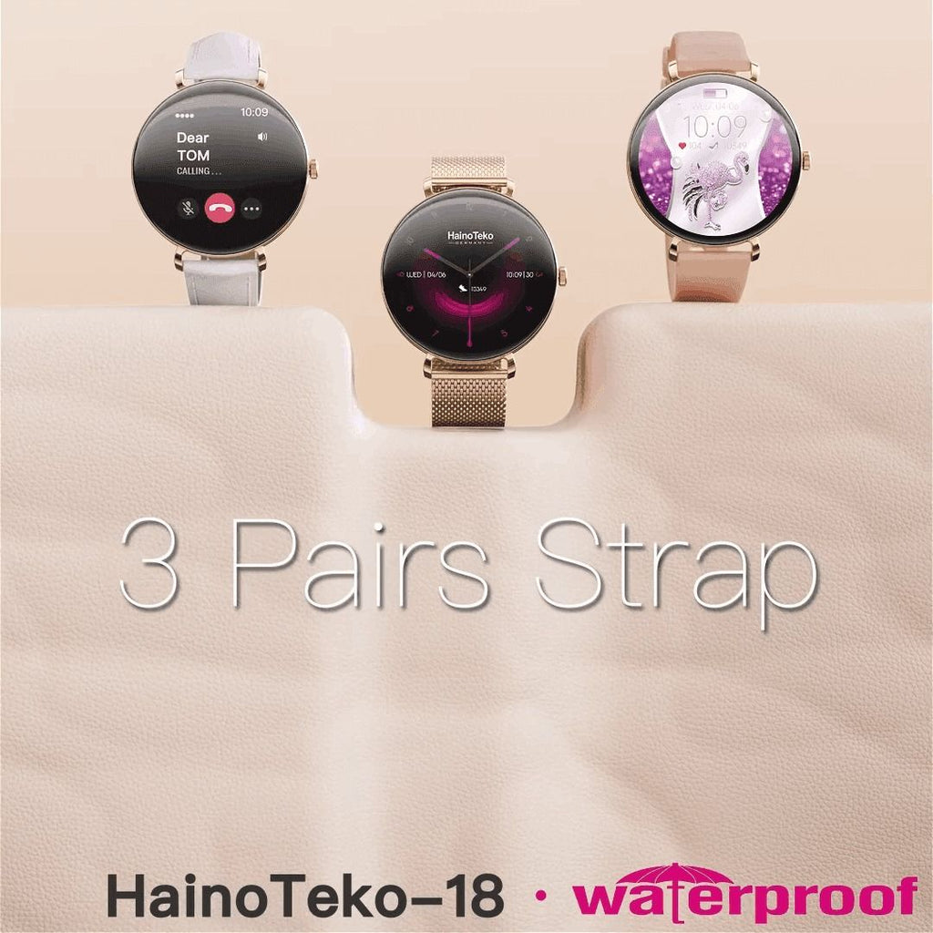 HainoTeko-18 Waterproof- Smartwatch Femme AMOLED HD avec 3 Bracelets Inclus – Autonomie 7 Jours