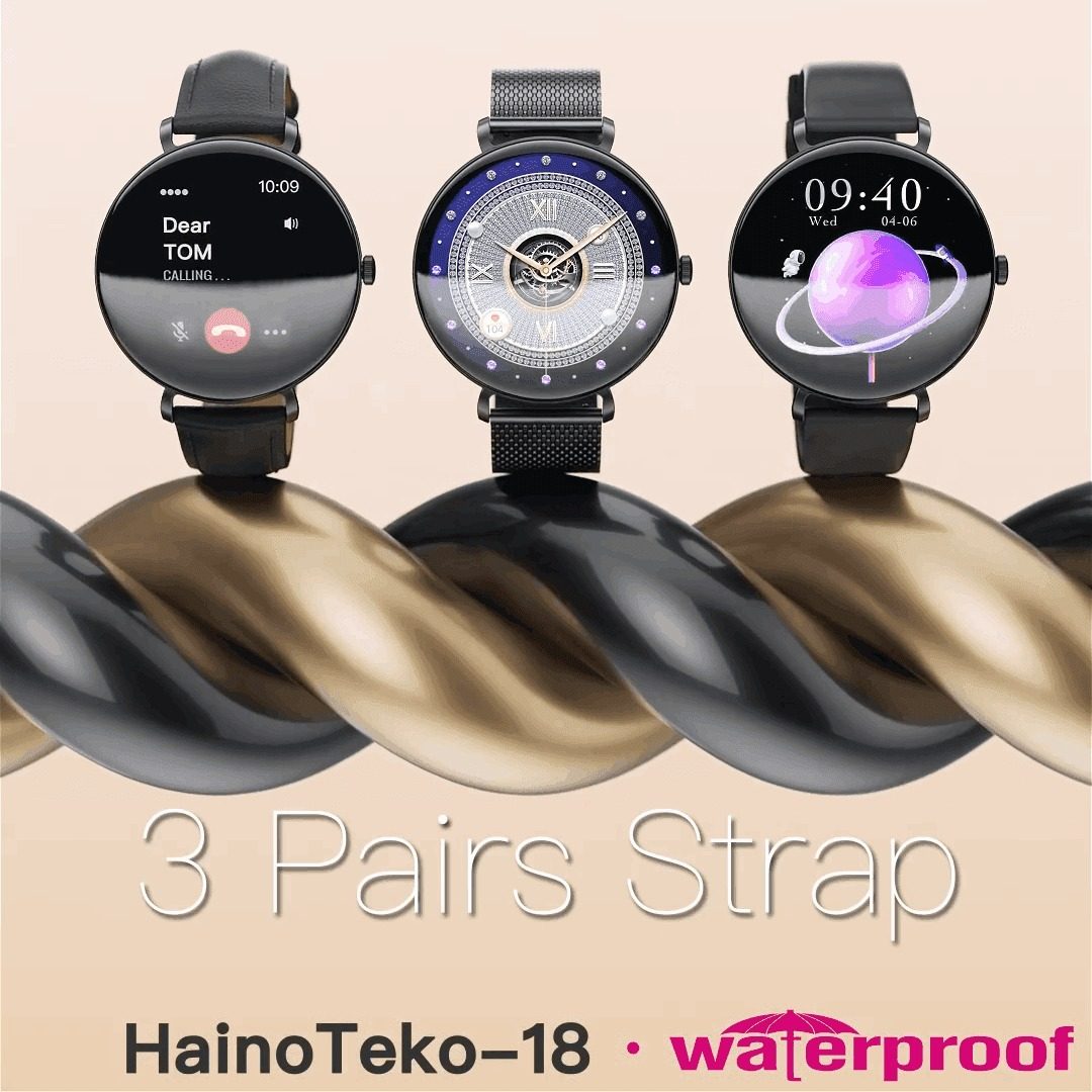 HainoTeko-18 Waterproof- Smartwatch Femme AMOLED HD avec 3 Bracelets Inclus – Autonomie 7 Jours