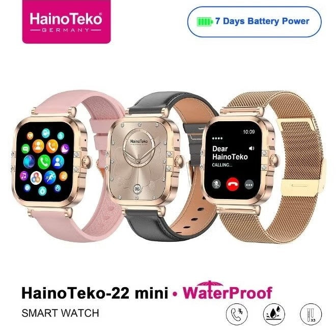 HainoTeko-22 Mini- Smartwatch AMOLED  Waterproof pour Femme – Gold avec  3 Bracelets Inclus