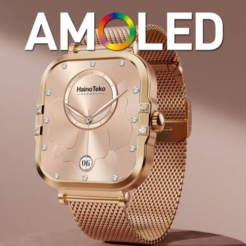 HainoTeko-22 Mini- Smartwatch AMOLED  Waterproof pour Femme – Gold avec  3 Bracelets Inclus