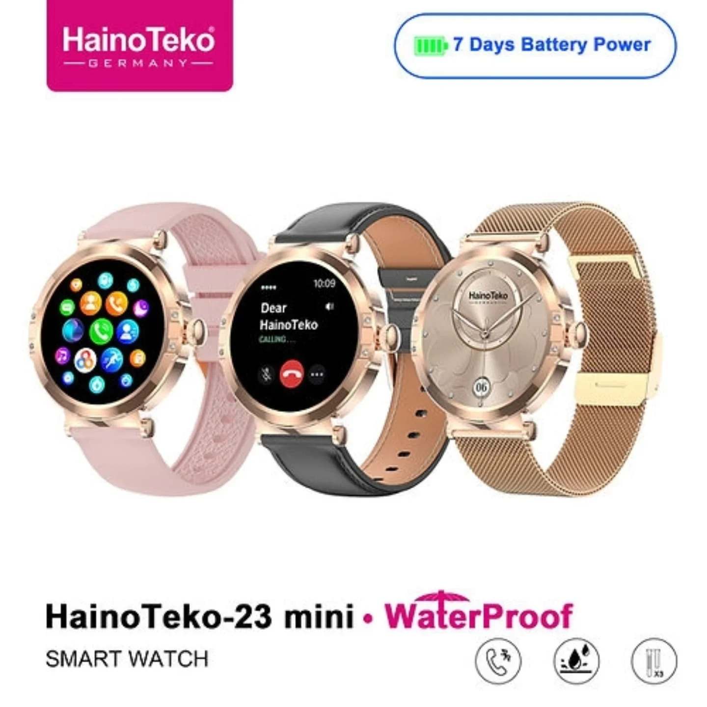 HainoTeko-23 Mini -Smartwatch Femme Gold – Waterproof avec  3 Bracelets Inclus