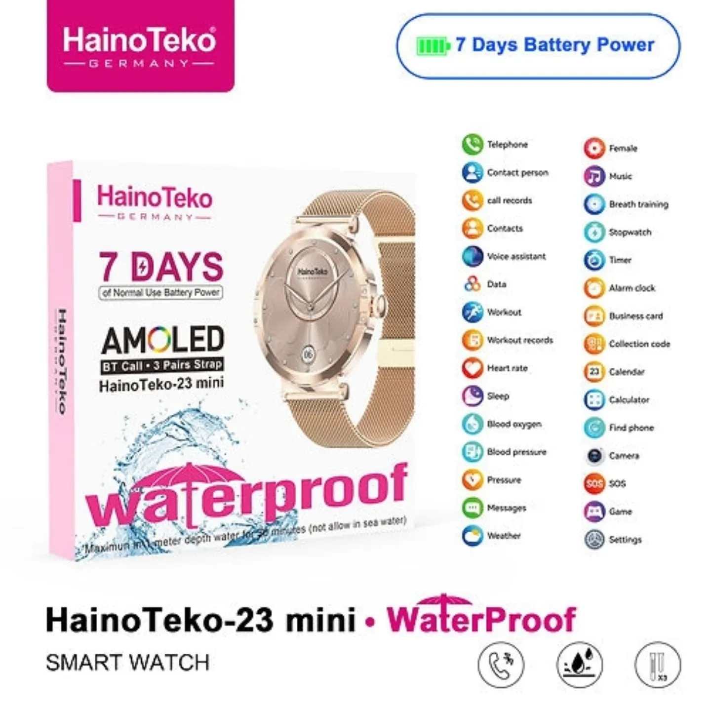 HainoTeko-23 Mini -Smartwatch Femme Gold – Waterproof avec  3 Bracelets Inclus