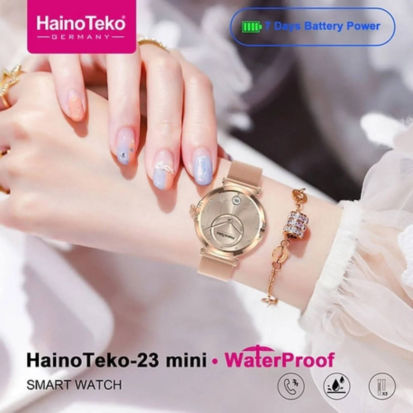 HainoTeko-23 Mini -Smartwatch Femme Gold – Waterproof avec  3 Bracelets Inclus
