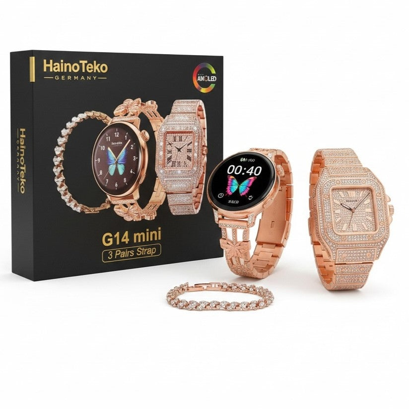 HainoTeko G14 Mini – Pack Smart Watch 3 en 1 avec Écran AMOLED & 3 Bracelets Inclus