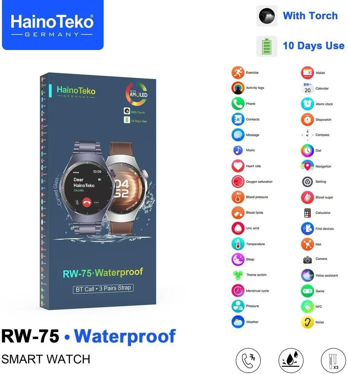 HainoTeko RW-75 (Watch 5) – Smart Watch AMOLED avec Appels Bluetooth et 10 jours d'Autonomie