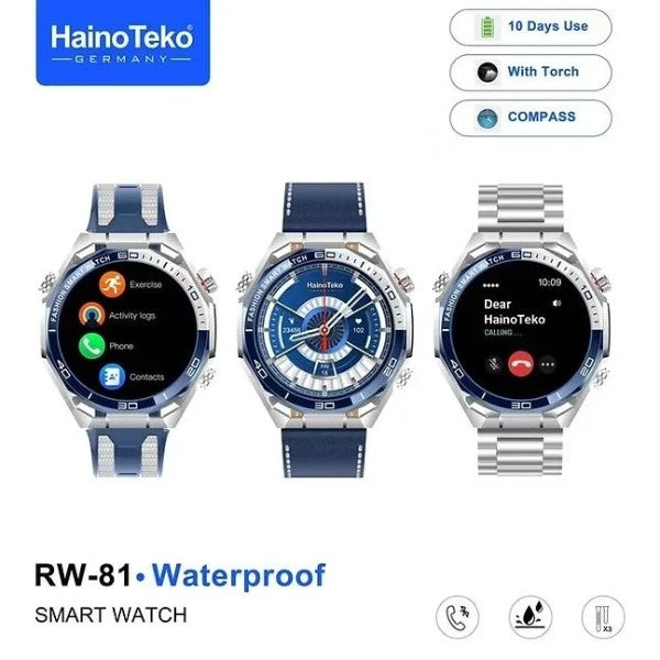 HainoTeko RW-81 Smartwatch AMOLED IPS 1.53” Waterproof – Bluetooth Calling, Lampe Torche et 3 Bracelets Inclus
