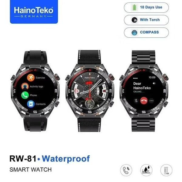 HainoTeko RW-81 Smartwatch AMOLED IPS 1.53” Waterproof – Bluetooth Calling, Lampe Torche et 3 Bracelets Inclus